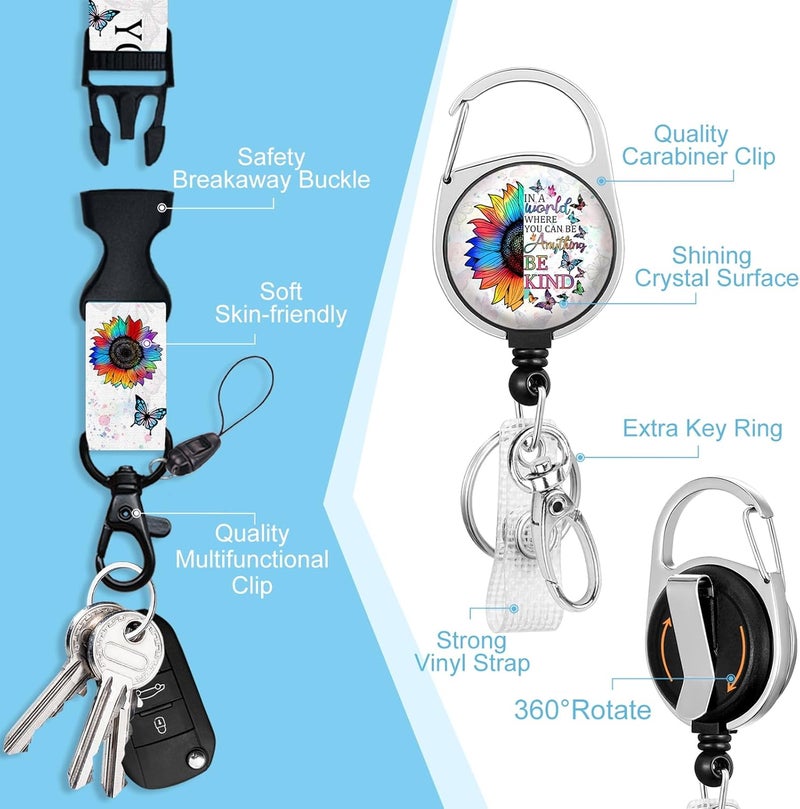Piefly Lanyards for Id Badges, Positive Inspiration Be Kind Sunflower Badge Holder with Retractable Reel Clip, Work Name Tag Keychain Lanyard Vertical ID Card Protector for Women Nurse Doctor Teacher - Image 4